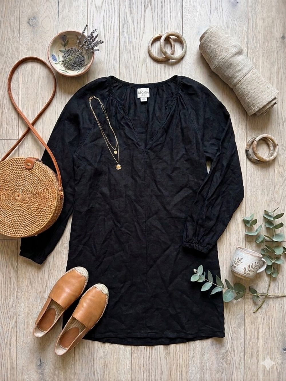 Becasa Black Linen V-Neck Long Sleeve Tunic Dress